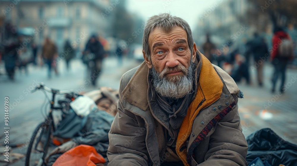 Homeless man sitting on the street. Homeless man sitting on the street.