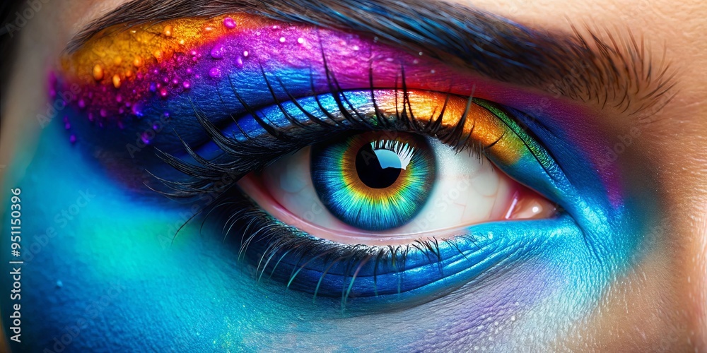 Close-up of a single blue eye with vibrant and colorful makeup, representing creativity, beauty, vision, and the power of expression Close-up of a single blue eye with vibrant and colorful makeup, representing creativity, beauty, vision, and the power of expression