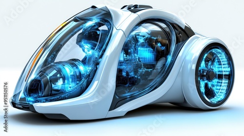 AI-powered vacuum cleaner, compact and white, glowing softly, brightly lit against white photo