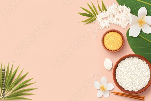 Onam food with sadhya rice on pink background. Traditional food onasadya. Happy Onam, harvest festival. Indian religious concept. Template with copy space for banner, poster, greeting card. Flat lay photo