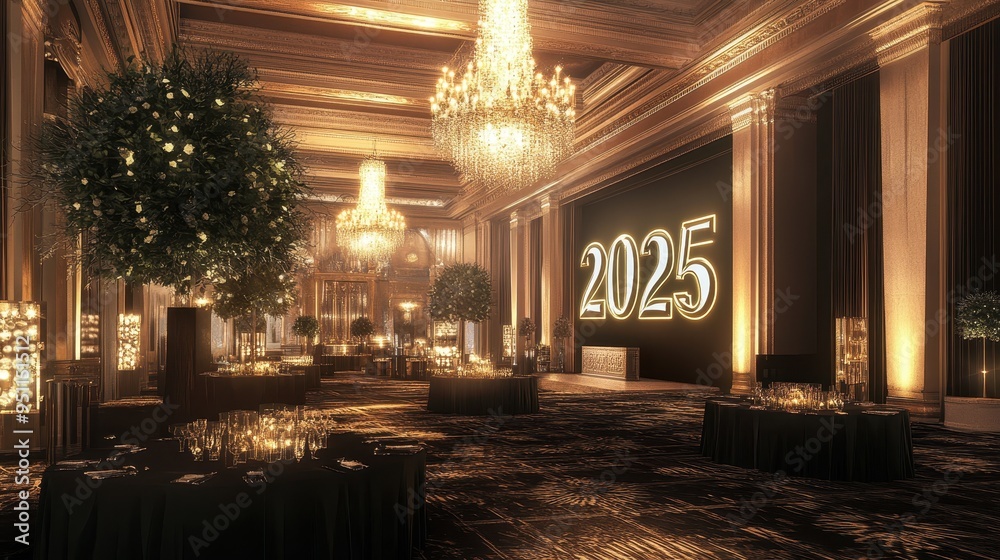 Obraz premium Elegant and Illuminated Interior of a Luxurious Hotel Lobby for the New Year 2025