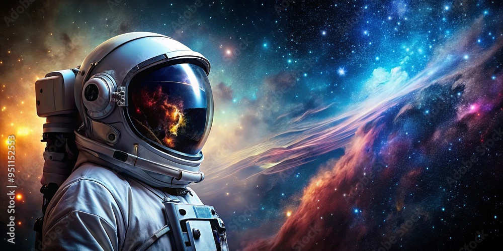 An astronaut in a helmet reflecting a vibrant nebula against a starry night backdrop, representing exploration and interconnectedness of the universe An astronaut in a helmet reflecting a vibrant nebula against a starry night backdrop, representing exploration and interconnectedness of the universe