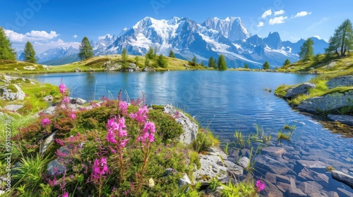 Mountain Lake with Pink Flowers