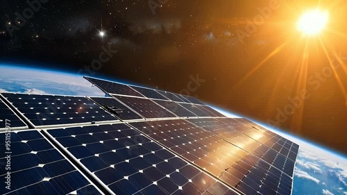 A view of solar panels in space with the sun shining in the background.