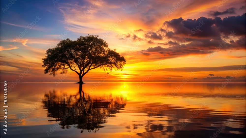 Silhouette of tree against sunset sky reflecting on calm sea , tranquil, nature, dusk, peaceful, ocean, horizon, silhouette Silhouette of tree against sunset sky reflecting on calm sea , tranquil, nature, dusk, peaceful, ocean, horizon, silhouette
