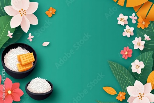 Onam food with sadhya rice on teal blue background. Traditional food onasadya. Happy Onam, harvest festival. Indian religious concept. Template with copy space for banner, poster, greeting card photo