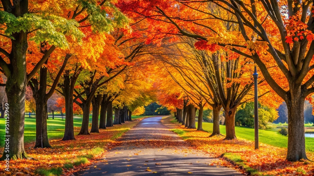 Vibrant autumn trees lining a park pathway bathed in warm sunlight ...