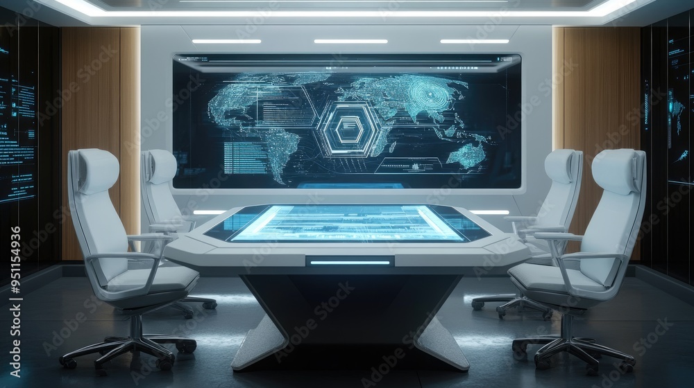 Holographic display table, transparent and futuristic, in a high-tech conference room, under bright overhead lights