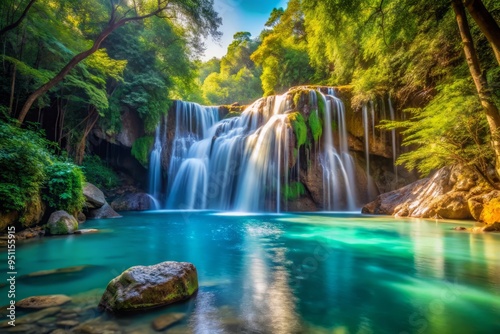 Cascading waterfall hidden power plunges into a crystal-clear pool, emphasizing the vivid colors, sharp details, and tranquil atmosphere.