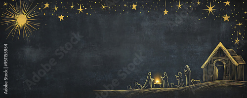 Chalkboard Background: Nativity Scene in White Line Art with Golden Stars, Dark Grey for Christmas Designs