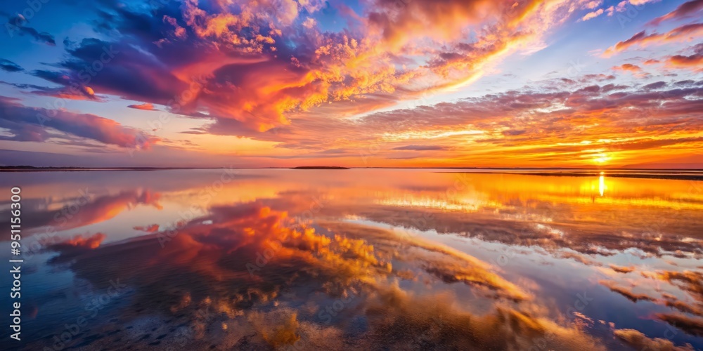 Fototapeta premium Lake Eyre, Australia in the evening, the sky is ablaze with hues of pink, orange, and purple, reflected perfectly in the still waters.