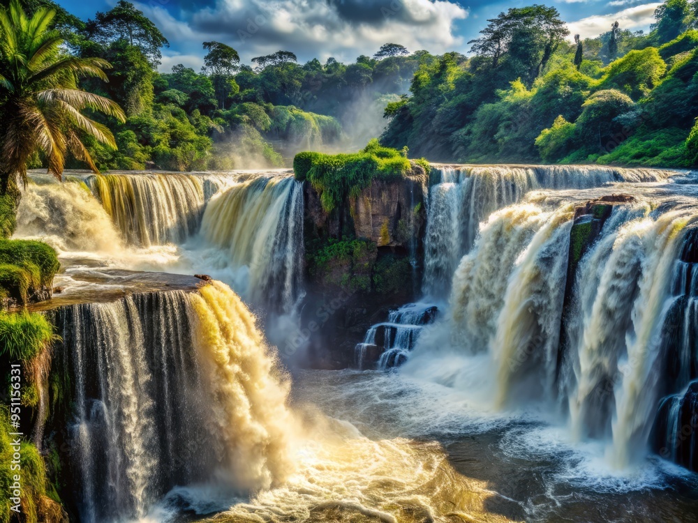 Obraz premium Cimarinjung Falls in the morning, detailed close-up, focusing on the water's flow, capturing the turbulent motion, in a high-contrast, monochromatic tone.