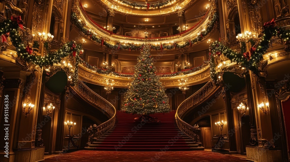 Obraz premium Majestic Christmas Theatre Staircase with Sparkling Tree
