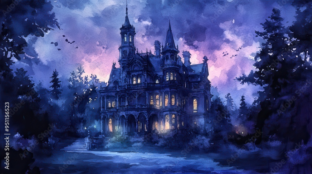 Gothic mansion, deep shadows, eerie atmosphere, Romanticism-inspired Halloween, Watercolor style Gothic mansion, deep shadows, eerie atmosphere, Romanticism-inspired Halloween, Watercolor style