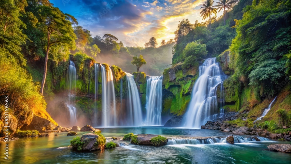 Fototapeta premium Cimarinjung Falls in the morning, panoramic view, showcasing the falls' majesty, in a clear, sharp focus, with a bright, vibrant color palette.