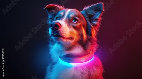 Smart pet collar with integrated health monitor, sleek design, on a dog, softly glowing blue