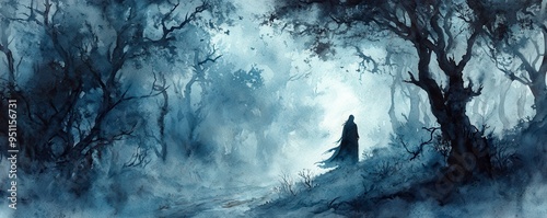 Howling winds, dark forest, the eerie call of the night, romanticized Halloween, Watercolor style photo