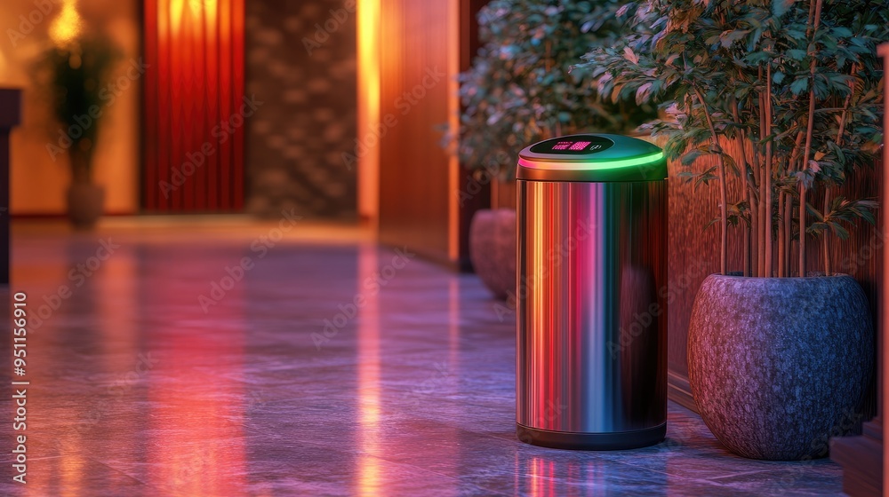 Smart trash can with motion sensor, sleek and metallic, glowing green, brightly lit