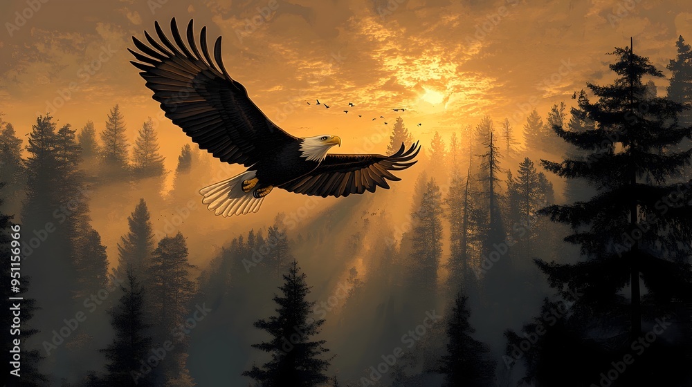 Obraz premium Majestic Bald Eagle Soaring Above Lush Forest Canopy Representing Avian Conservation