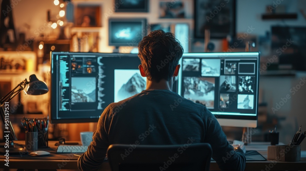 Graphic Designer Editing Images in Dark Studio Graphic Designer Editing Images in Dark Studio