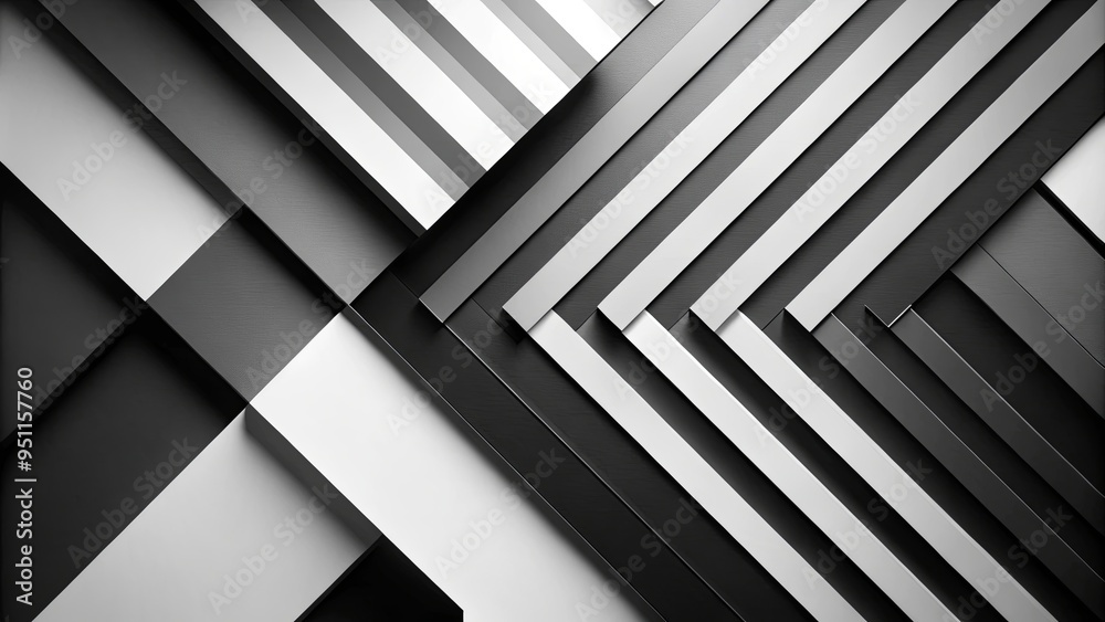 Obraz premium Dynamic black and white abstract geometric composition with diagonal layers and shadows