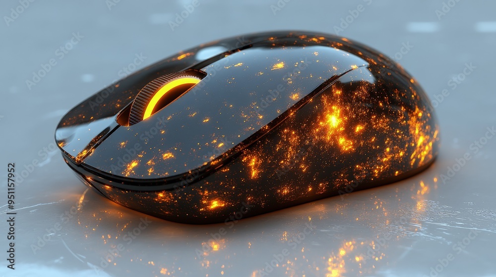 Wireless augmented reality mouse, ergonomic with glowing buttons, brightly lit against white Wireless augmented reality mouse, ergonomic with glowing buttons, brightly lit against white