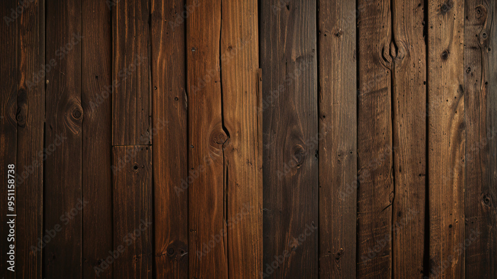 Naklejka premium Fond de planche de bois marron foncé, papier peint. Vieux fond en bois texturé foncé grunge, la surface de la vieille texture de bois brun, vue de dessus lambris en bois de pin brun. 