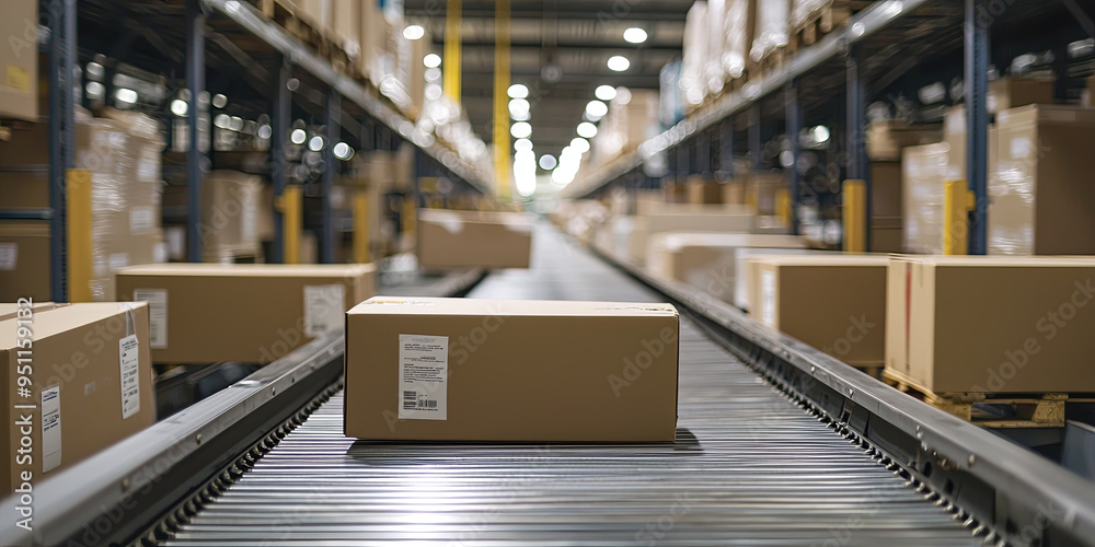 Cardboard boxes on conveyor belts in a warehouse, generative AI Cardboard boxes on conveyor belts in a warehouse, generative AI