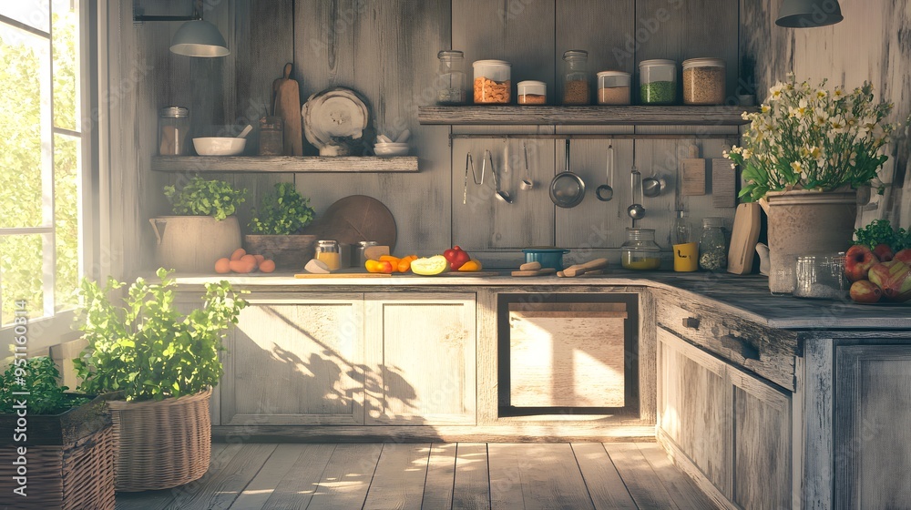 Charming rustic farmhouse kitchen with fresh produce baking essentials and sunlight streaming in Country chic soft pastel tones distressed wood textures 3D-rendered Charming rustic farmhouse kitchen with fresh produce baking essentials and sunlight streaming in Country chic soft pastel tones distressed wood textures 3D-rendered