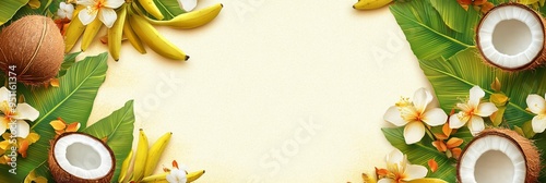 Tropical coconut and banana with flowers for South India harvest festival. Traditional food onasadya. Happy Onam. Indian religious concept. Template with copy space for banner, poster, greeting card photo