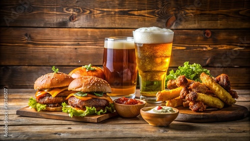 A stock photo featuring tasty pub grub and refreshing drinks on a modern sports bar menu with juicy burgers, crispy wings, and ice cold beer against a rustic wooden backdrop