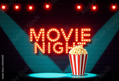 Movie night neon text with popcorn paper box illustration
