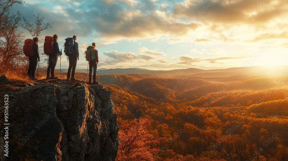 Obraz premium Adventurers Gazing at the Breathtaking Autumn Landscape