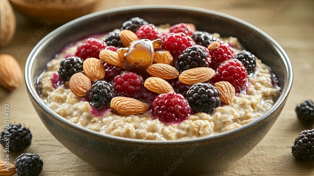 Bowl of oatmeal topped with almonds, berries, and honey, healthy brainboosting breakfast, comforting meal Bowl of oatmeal topped with almonds, berries, and honey, healthy brainboosting breakfast, comforting meal