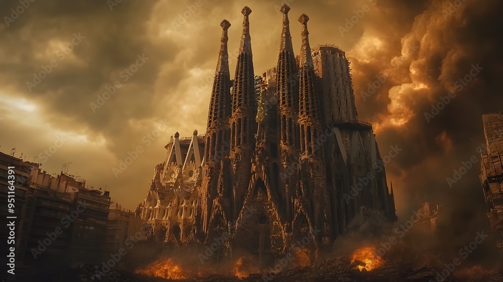 Naklejka premium Charred Gothic Towers of Barcelona s Sagrada Familia Under Ominous Sky