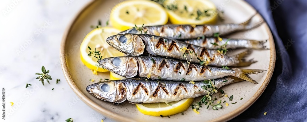 Grilled sardines on a plate with lemon slices, rich in omega3s, brainhealthy diet concept Grilled sardines on a plate with lemon slices, rich in omega3s, brainhealthy diet concept