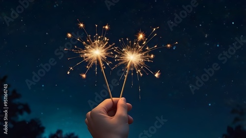 Hand holding sparklers on dark blue night starry sky. Celebrating Christmas or Chinese New Year. Tanabata or Qixi Festival, Valentine’s day. Background for greeting card, banner, poster