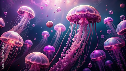 A whimsical stock photo of jellyfish floating in pink and purple colors with bubbles on a purple background