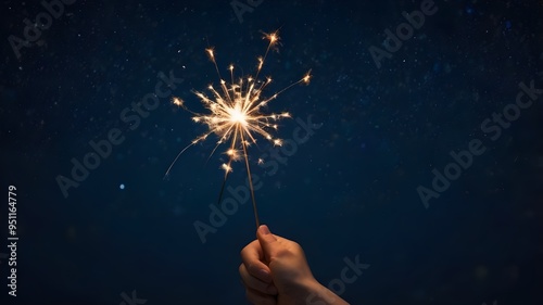 Hand holding sparklers on dark blue night starry sky. Celebrating Christmas or Chinese New Year. Tanabata or Qixi Festival, Valentine’s day. Background for greeting card, banner, poster