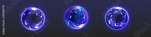 Powerful plasma spheres with electric discharge. Vector isolated energy balls with bolts and lightning in core. Magical realistic effect with blast and glowing, current of electricity inside