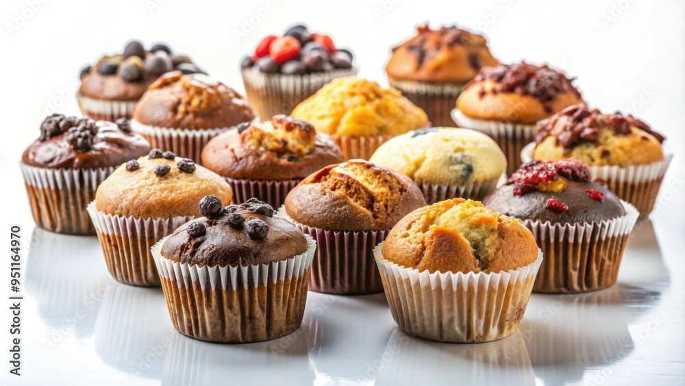 Bunch of assorted muffins displayed on a bright white background, muffins, baked goods, food, assortment, variety Bunch of assorted muffins displayed on a bright white background, muffins, baked goods, food, assortment, variety