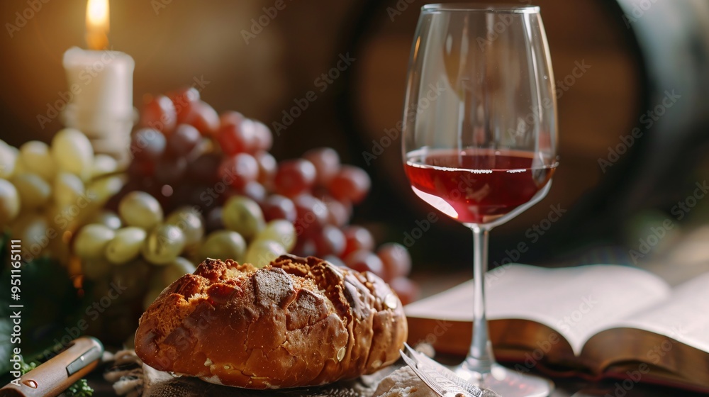Glass of red wine on a wooden table with bread and grapes. Glass of red wine on a wooden table with bread and grapes.