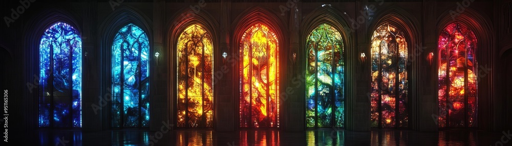 Glowing stained glass windows in a dark cathedral, capturing the light in vibrant colors, sacred glowtime, spiritual and majestic Glowing stained glass windows in a dark cathedral, capturing the light in vibrant colors, sacred glowtime, spiritual and majestic