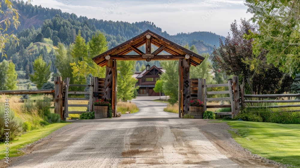 Wooden Gate Entrance to a Rustic Ranch in the Mountains Wooden Gate Entrance to a Rustic Ranch in the Mountains