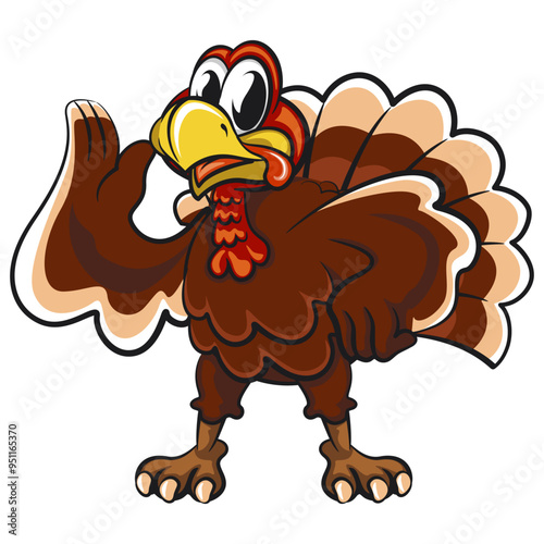 The cartoon thanksgiving character mascot of a turkey greet while waving, work of handmade