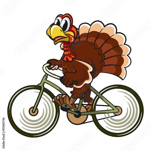 The cartoon thanksgiving character mascot of a turkey riding a bike, work of handmade