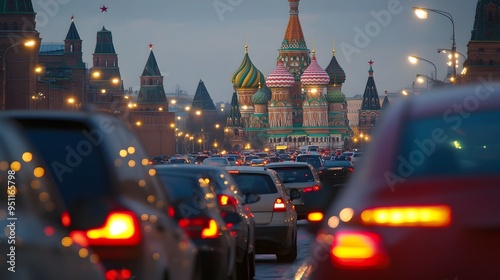 Congested Traffic in Front of the Kremlin with St  Basil s Cathedral in the Background photo