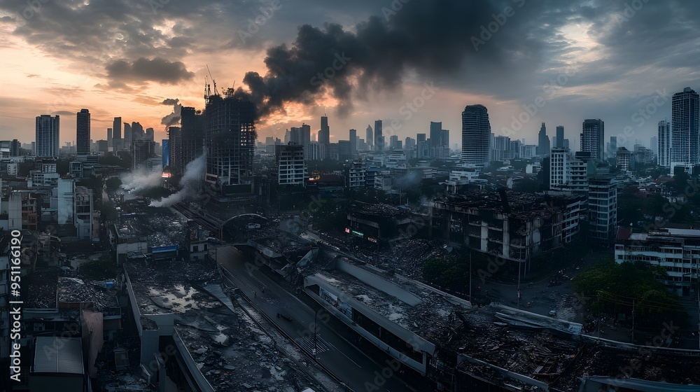 Fototapeta premium Crumbled and Blackened Ratchaprasong Intersection Under Dark Smoke Filled Sky