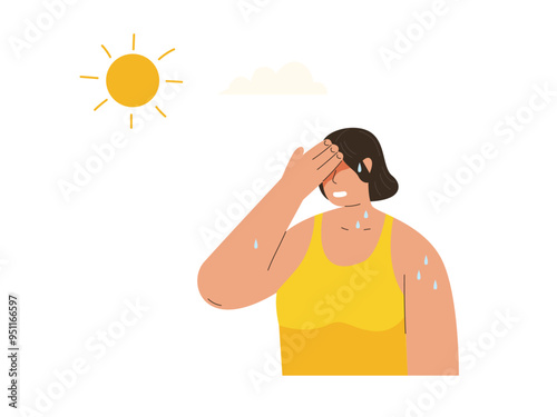 Woman at outdoor with hot sun light, high body temperature, red skin, dehydration