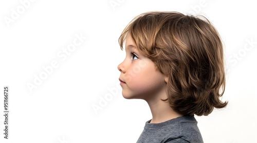 Curious Child in Profile Turning Head on Clean White Background